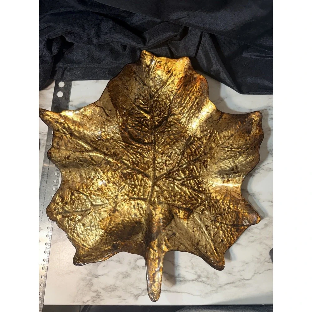 VTG Maple‎ Leaf Glass And Metal Dish Tray Fall Decor (P2914)